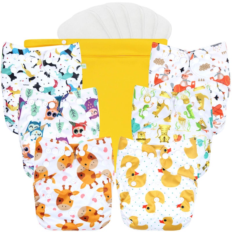 wegreeco Cloth Diapers 6 Pack with 6 Inserts & 1 Wet Bag  Washable Cloth Diapers for Babies  One Size Adjustable Reusable Diapers Baby (Bright Animals) - Image 1